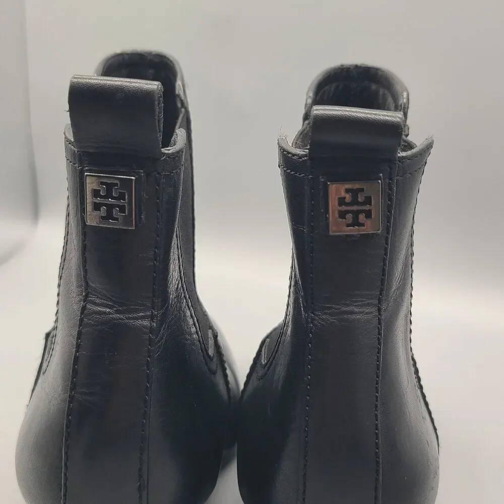 Tory Burch women ankle heel boots April Leather Black Booties Chelsea sz 8.5